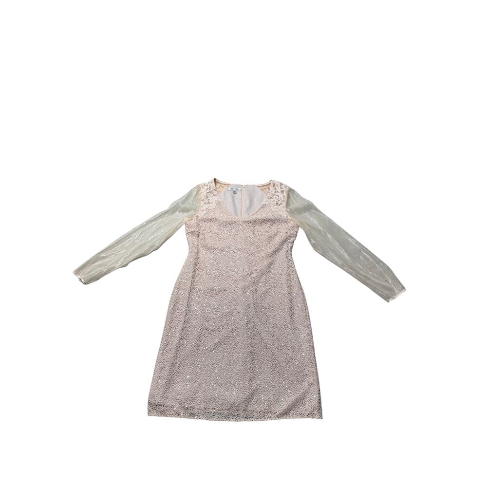 Kay Unger Sheath Dress Womens 12 Blush Pink Sequin Lace Long Sleeve Sheer Boho - Picture 2 of 14